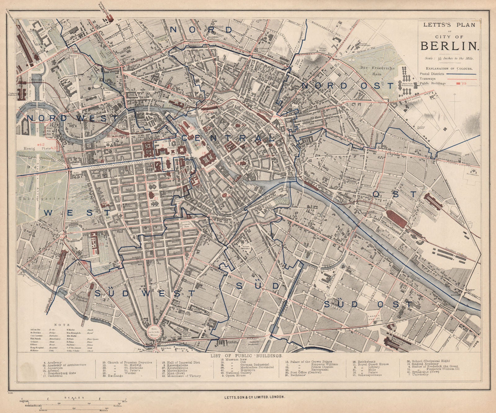 BERLIN antique town city map plan. Tramways railways Postal districts LETTS 1889